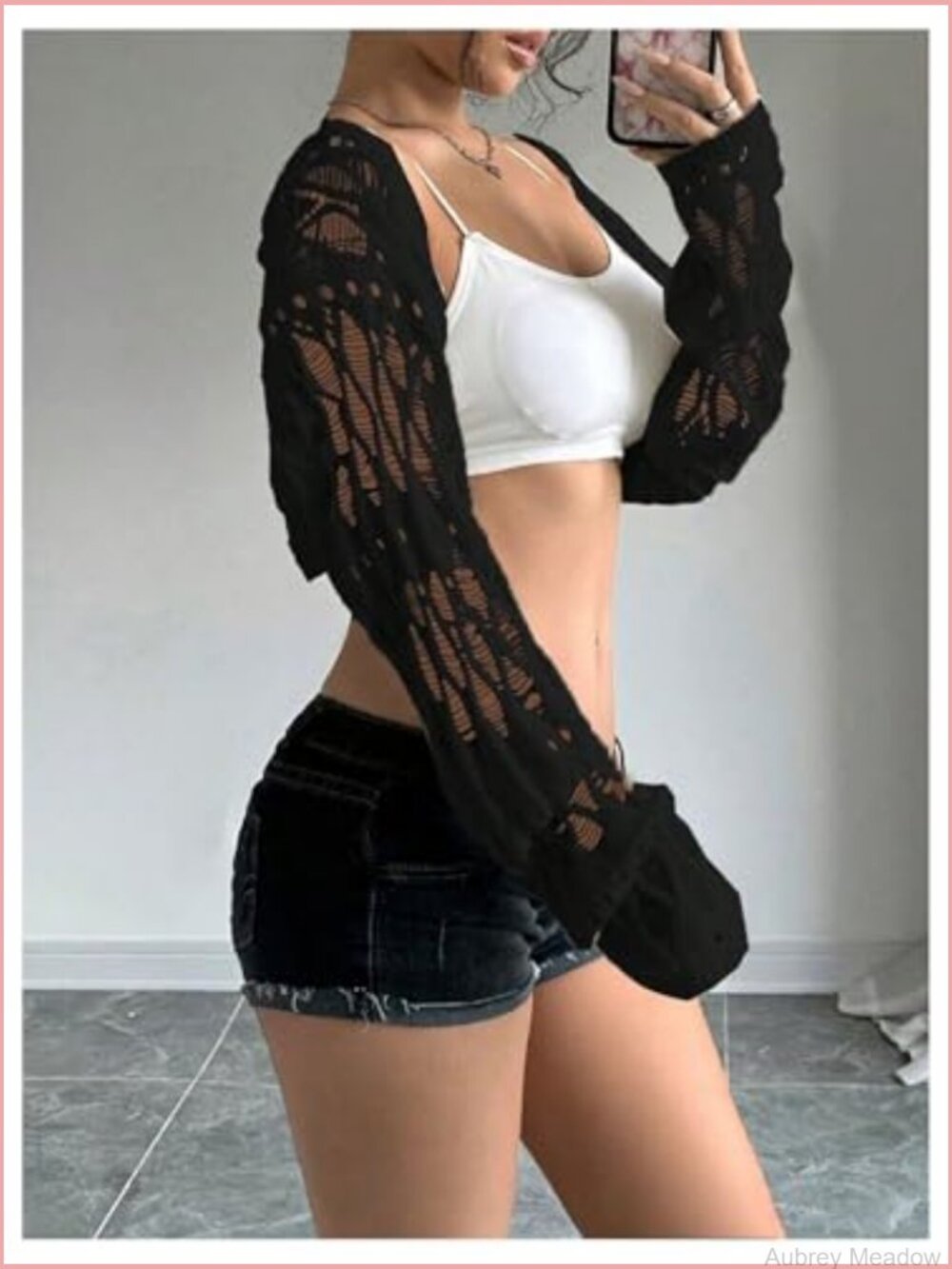 Y2K Crochet Cropped Shrug Lightweight Knit Cardigan Bolero Hollow Out - Picture 4 of 5